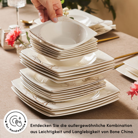 Karaca Square Bone China Autumn 53-Piece Dinner Set for 12 People, White Multi
