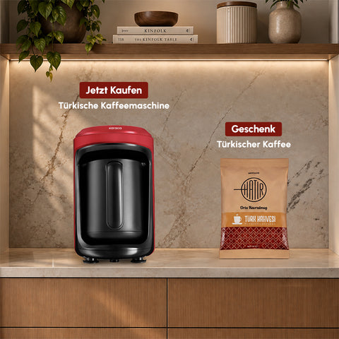 Karaca Hatır Hüps Türkiye – 5-Cup Turkish Coffee Machine with Milk Function and National Anthem, Flag Red