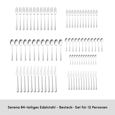 Karaca Serena 84-Piece Stainless Steel Cutlery Set for 12 People, Silver