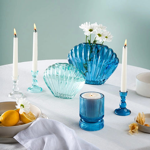 Karaca Marine Glass Candle Holder, Blue, 6.5 x 6.5 x 9 cm