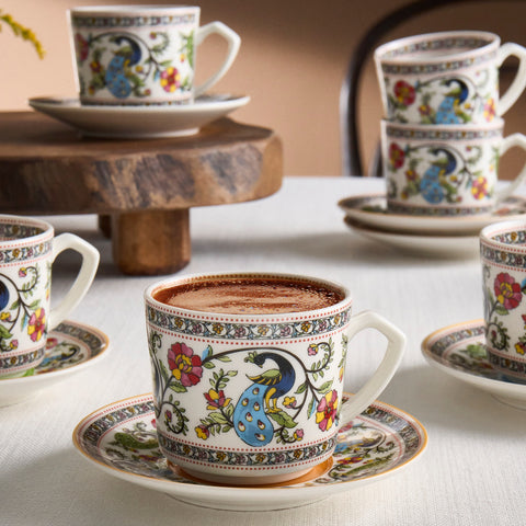 Karaca Yasemen 12-Piece Bone China Espresso Turkish Coffee Cup Set for 6 People, 80 ml, Multi
