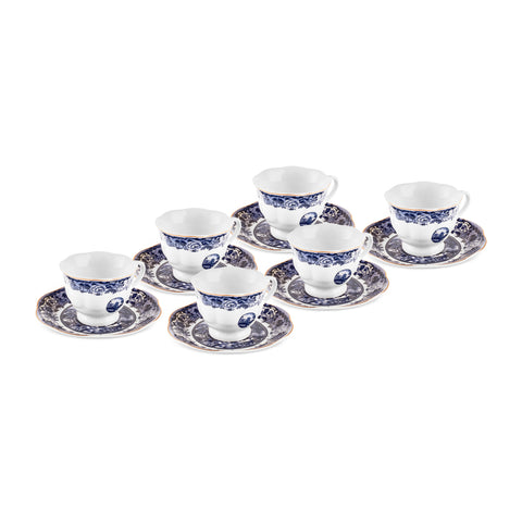 Karaca Old Town 12-teiliges Bone China Espresso-/Türkische Kaffeetassen-Set für 6 Personen, 80 ml, Blau
