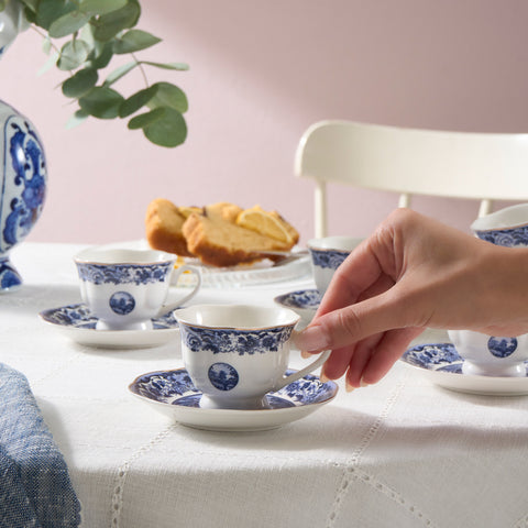 Karaca Old Town 12-teiliges Bone China Espresso-/Türkische Kaffeetassen-Set für 6 Personen, 80 ml, Blau