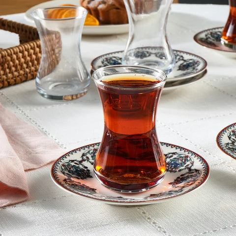 Karaca Nakkaş 6 Kişilik 12 Parça Bone China Türk Çay Seti, 130 ml, Kırmızı