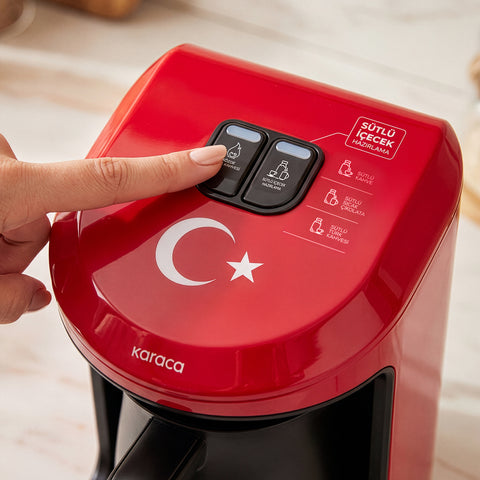 Karaca Hatır Hüps Türkiye – 5-Cup Turkish Coffee Machine with Milk Function and National Anthem, Flag Red