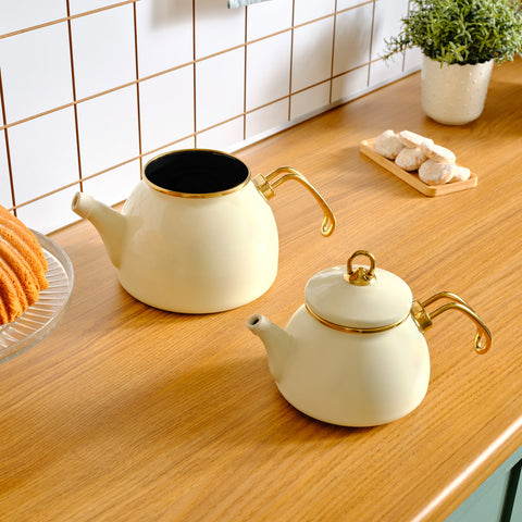 Karaca Retro Enamel Teapot, Cream