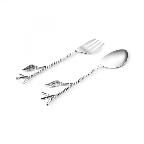 Karaca Leaf Silver-Gold Serving Spoon and Fork Set
 