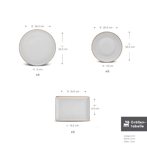 Karaca Santo für 6 Personen Geschirrset 18 Teilig, New Generation Bone, Weiß Gold
